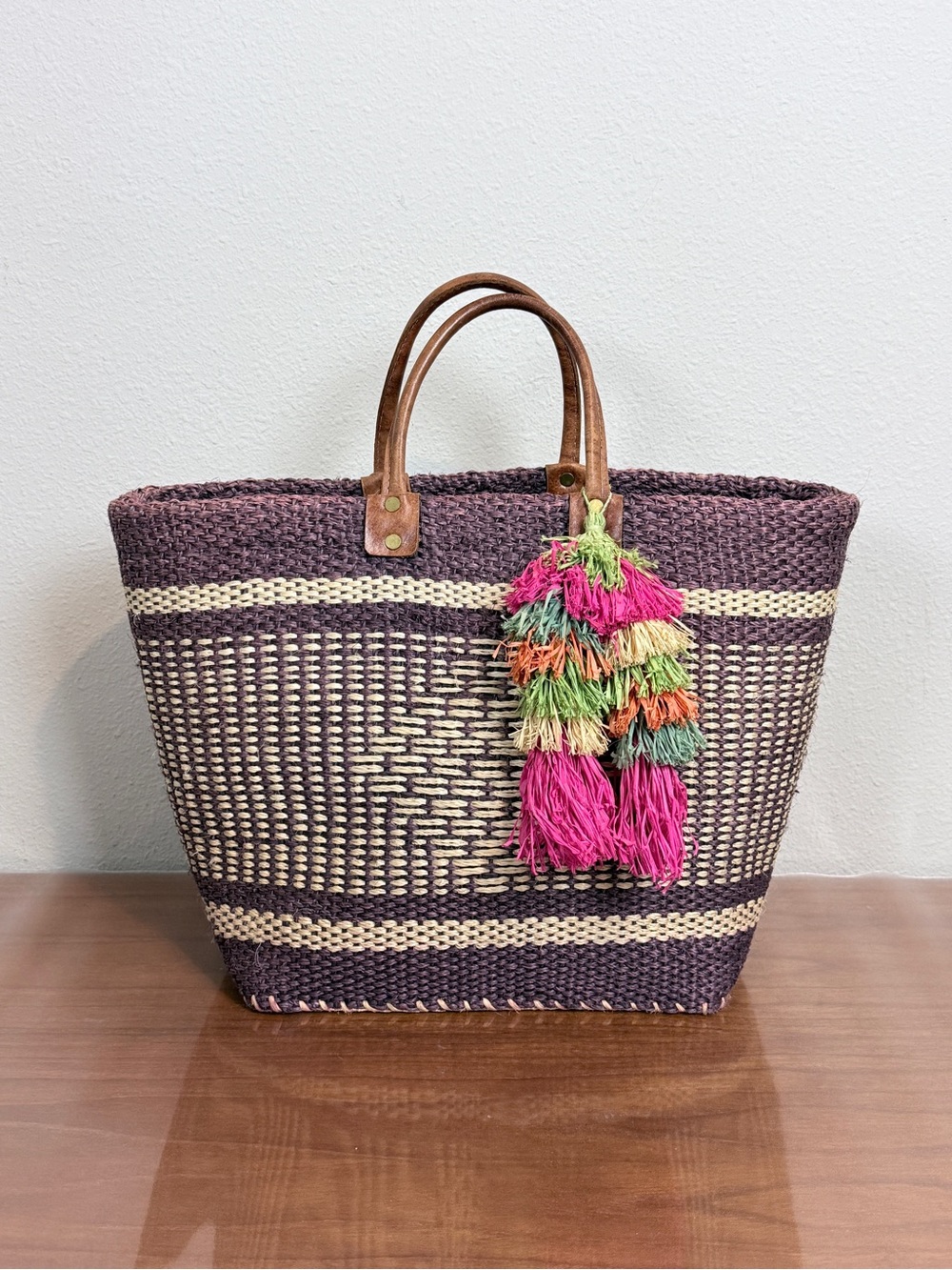 Mar Y Sol Purple Woven Sisal Tote with Multicolor Tassel